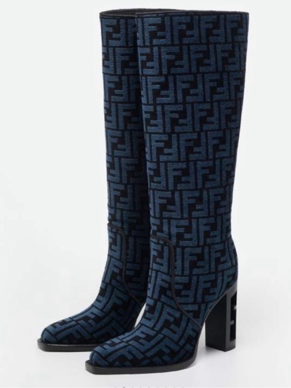 Fendi Navy and Black FF Logo Over-the-Knee Heeled Boots